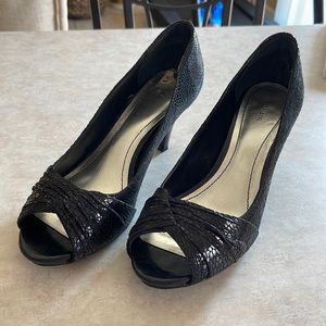 Size 9 Black Faux Snake Skin Heel with Open Toe